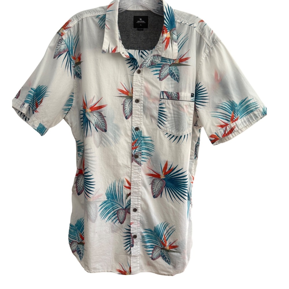 Rip Curl Button Down Shirt Mens XL White Tropical Bird of Paradise Surf Casual